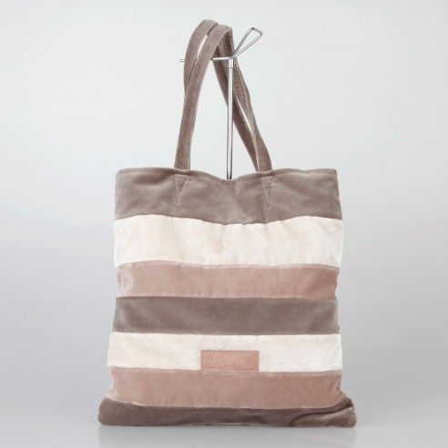 Bolso Tote Bag solidario de terciopelo a franjas en tonos marrones 21/100